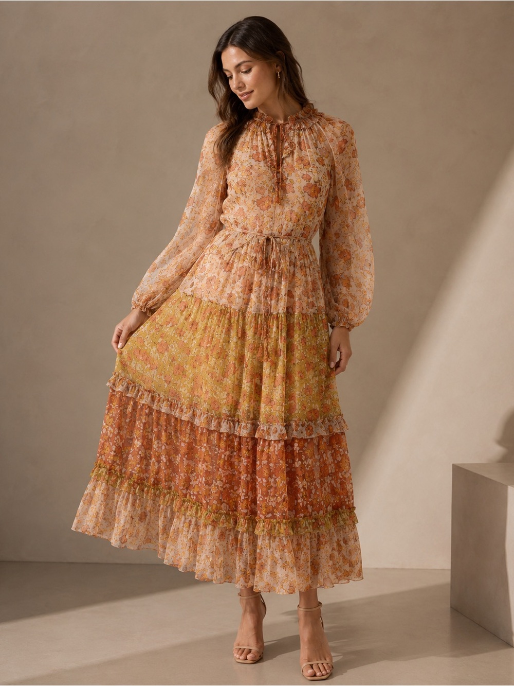 Zimmermann Floral Tiered Maxi Dress Long Sleeve Boho Romantic Tie Neck Size S